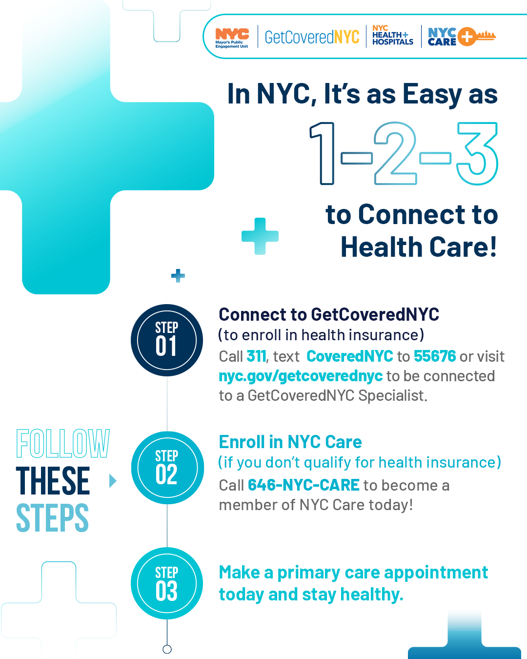 In NYC, It's as Easy as 1-2-3 to Connect to Health Care. Step 1: Connect to GetCoveredNYC. Step 2: Enroll in NYC Care. Step 3: Make a primary care appointment today and stay healthy.